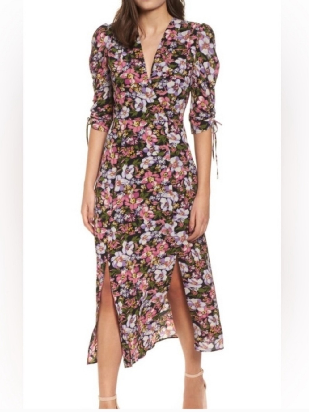 Wayf Boomer Pink and Green Floral Midi Dress XS
